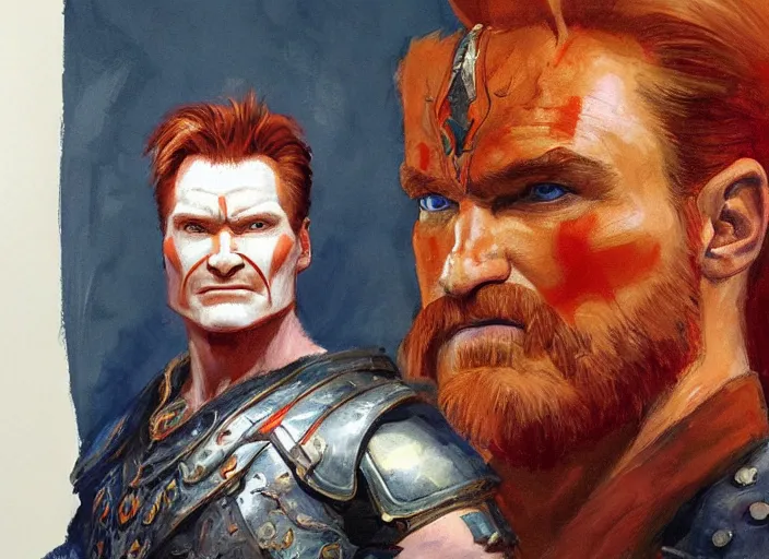 Prompt: a highly detailed beautiful portrait of conan o'brien as kratos, by gregory manchess, james gurney, james jean