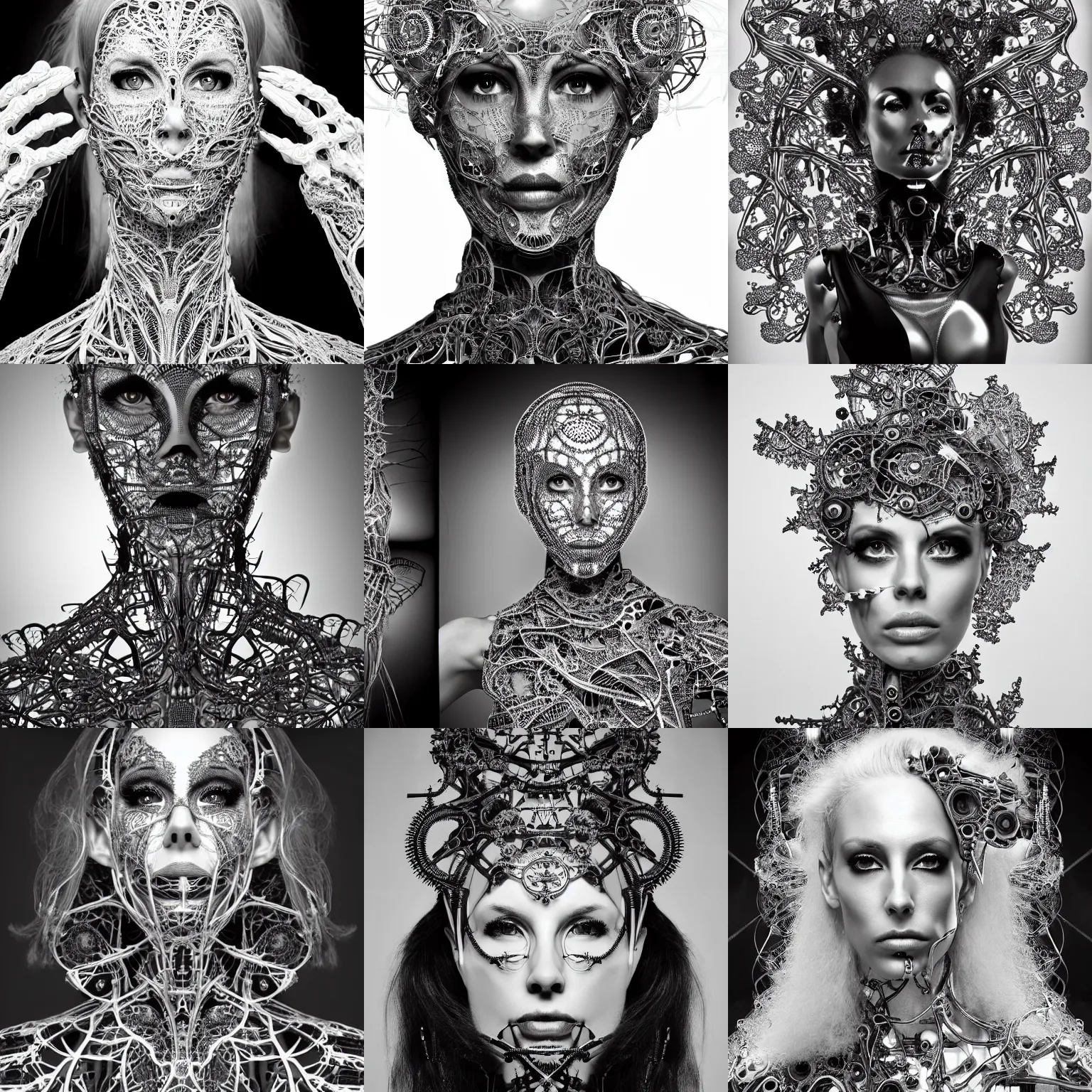 Prompt: surreal black and white photo portrait of complex biomechanical Nicole Aniston cyborg with a mandelbrot fractal metal fine lace face, silver hair, 150 mm lens, soft rim light, fine metal floral foliage super big lace collar, Alexander McQueen, high fashion, haute couture, rococo, steampunk, silver filigree details, anatomical, facial muscles, cable wires, microchip, elegant, hyper realistic, octane render, unreal engine, by Man Ray and Dora Maar, volumetric lighting, 8k,