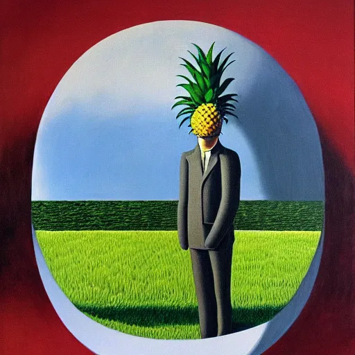 Image similar to The painting The Son of Man by René Magritte except with a pineapple and Patrick Star