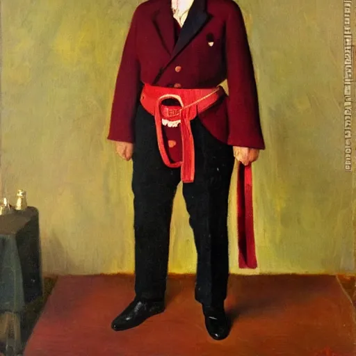 Image similar to the honorable duke, a 5 0 year old man in traditional german noble attire, red and white belt on top of his suit, oil on canvas, 1 9 0 5