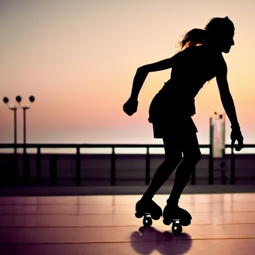 Prompt: a roller skater in a cinematic closeup. in santa monica at blue hour. canon eos c 3 0 0, ƒ 1. 8, 3 5 mm. 8 k. inspired by roger deakins cinematography