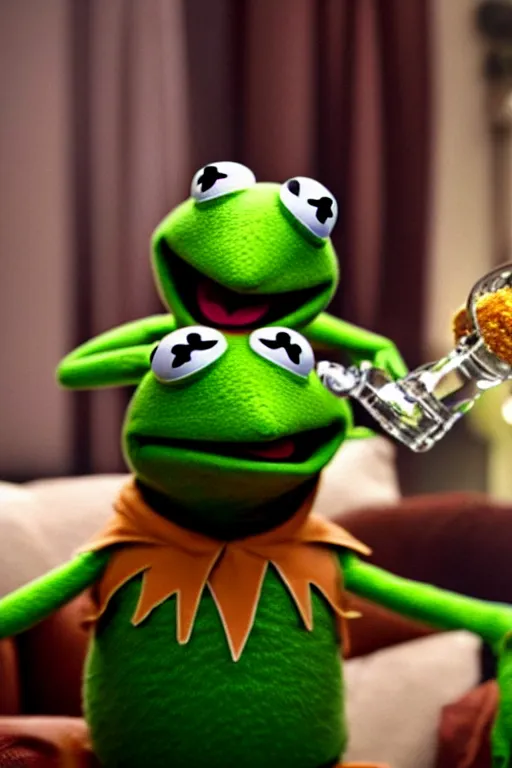 Image similar to candid photo of kermit the frog sitting on the couch hitting a bong, kermit the frog in ted ( 2 0 1 2 ) bong scene, kermit the frog using a bong, kermit smoking weed, bong rip, high resolution photo, trending on artstation, interior design,