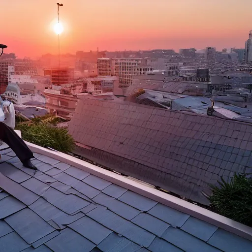 Image similar to a samouraï facing the sunset on a rooftop