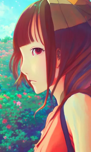 Image similar to a colorful anime scene of a girl with brown hair, detailed background, portrait, trending on artstation, by studio ghibli and rossdraws