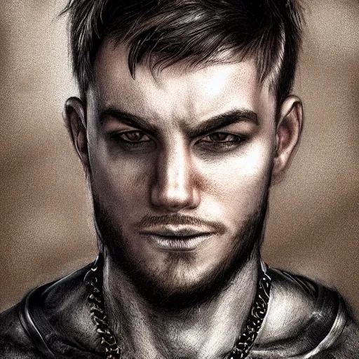 Image similar to realistic portrait, 30 year old man :: athletic, rough, angered :: short black hair, dark taint :: chain mail :: high detail, digital art, RPG, concept art, illustration