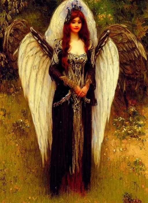Image similar to vertical prtrait of an angel knight gothic girl, baroque dress. by gaston bussiere