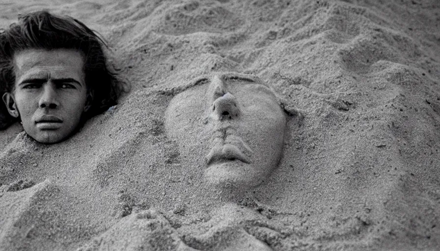 Prompt: 1 9 6 0 s movie still close up of marcus atilius regulus'face with the eyes sew wide open, his body buried in the sand, cinestill 8 0 0 t 3 5 mm b & w, high quality, heavy grain, high detail, texture, dramatic light, anamorphic, hyperrealistic, detailed hair