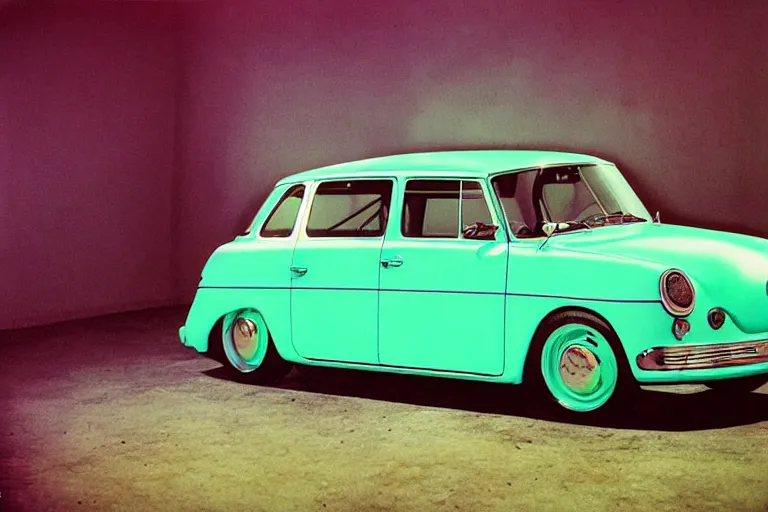 Image similar to stylized poser of a single 1955 Volkwagen GTI, thick neon lights, ektachrome photograph, volumetric lighting, f8 aperture, cinematic Eastman 5384 film