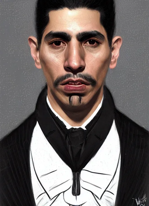 Image similar to portrait of a hispanic man with a crooked nose and a confident expression, 1 9 6 0 s, black clothes, punk, funk, intricate, elegant, highly detailed, digital painting, artstation, concept art, smooth, sharp focus, illustration, art by wlop, mars ravelo and greg rutkowski