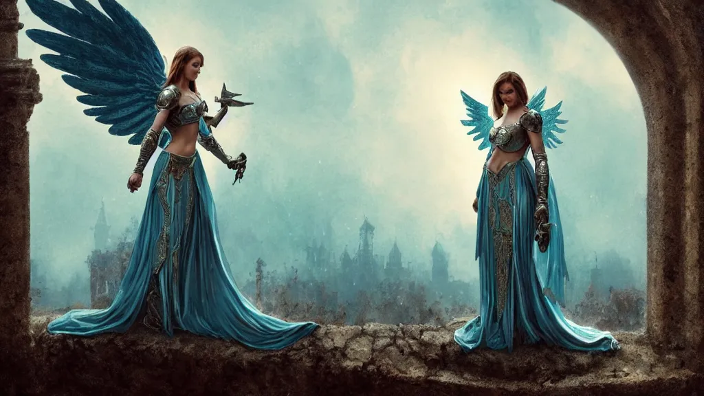 Image similar to angel, big wings, low key light, full plate armor with cloth, f 1 6, bokeh, medium portrait, gentle, female, ornate city ruins, landscape, d & d, fantasy, intricate, elegant, highly detailed, teal white gold color palette, roger deakins, sharp focus, greg rutkowski and alphonse mucha