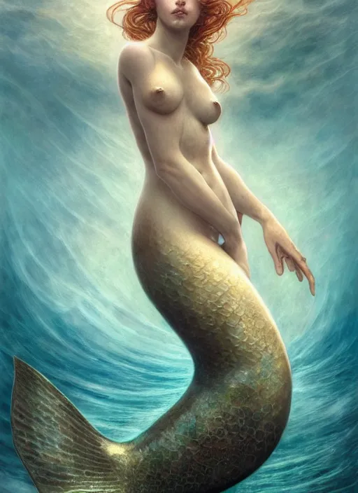 Prompt: goddess of the sea!! portrait of a seductive mermaid in underwater murky light, wind blown hair! fantasy esoteric, closeup, d & d, fantasy, intricate, elegant, highly detailed, digital painting, artstation, concept art, matte, sharp focus, illustration, art by artgerm and tom bagshaw and greg rutkowski and alphonse mucha