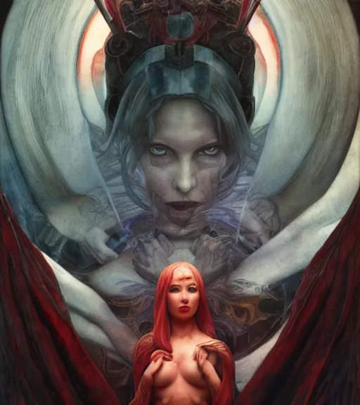 Image similar to red nightmare of the maiden in the fortress of lies, by annie swynnerton and tino rodriguez and charlie bowater and tom bagshaw and nicholas roerich and jean delville and evelyn de morgan and lucien freud, dramatic lighting, floral tattoos, rich colors, smooth sharp focus, anime key visual, extremely detailed, adolf wolfli