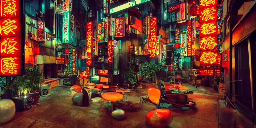 Image similar to living room designed to look like a tokyo alley at night, with neon signs, photography