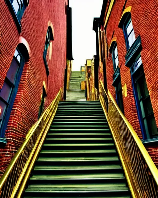 Image similar to golden staircase ascending towards the green staircase ascending towards the blue staircase ascending towards the red brick staircase ascending towards the moon