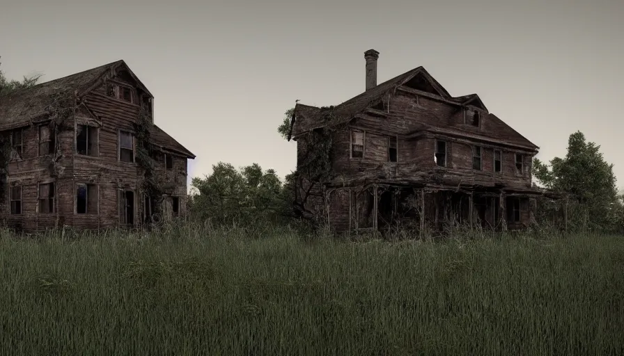Prompt: old, ruined, abandoned American Midwestern house, seen from outside and overgrown by plants. First light of day falls upon the building. Scary, horror, ghost story. Dirt, leaves on ground. Octane render. Substance painter. Zbrush. Trending on artstation. 8K. Highly detailed.