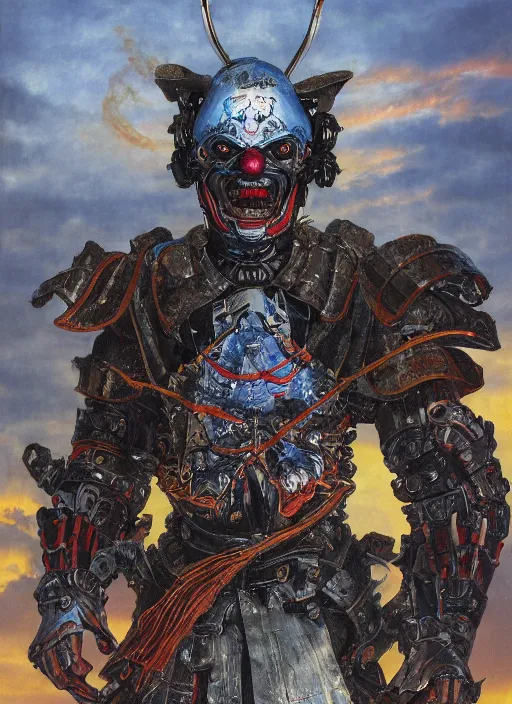 Prompt: portrait of a diabolical cyborg clown samurai armed armor, torn cape, dynamic pose, glowing eyes, ancient ruins, glowing veins subsurface scattering, in clouds, sunset, portrait, by gerald brom, by mikhail vrubel, by peter elson, muted colors, extreme detail, reflections, trending on artstation, 8 k