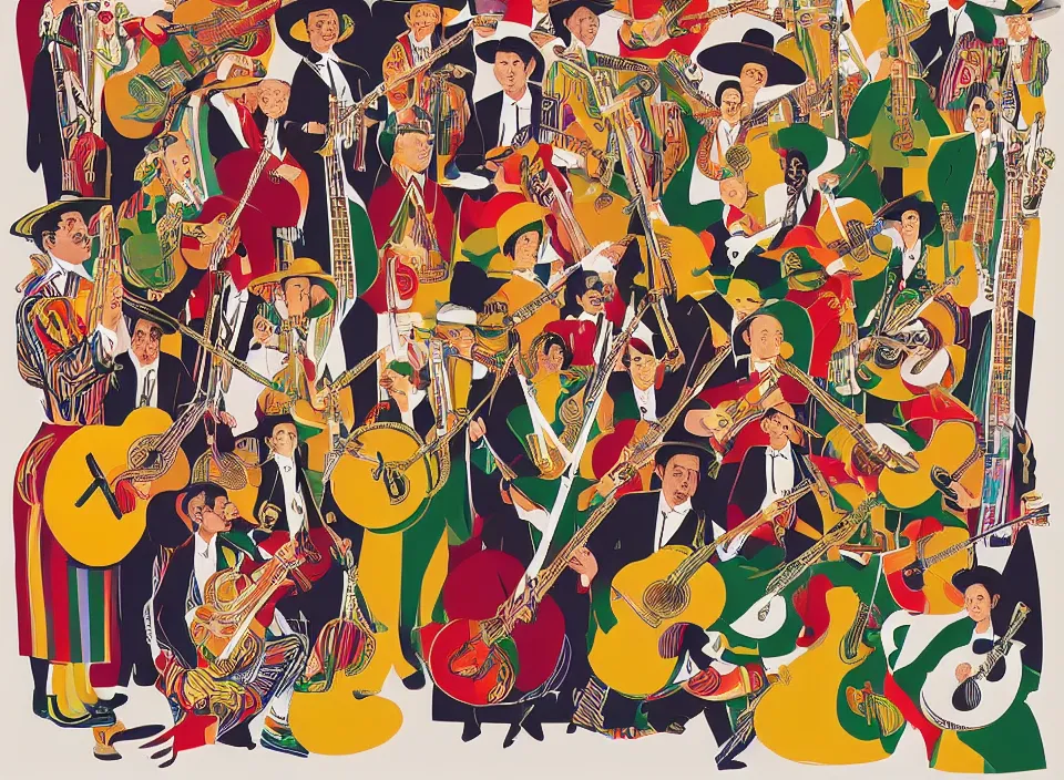 Image similar to graphic design of a mexican mariachi band by milton glaser and lilian roxon, detailed