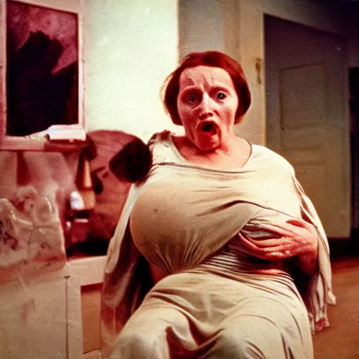 Prompt: surprised woman who has given birth to an inflatable fish, Tarkovsky film, archival footage, technicolor film expired film live-action, 16mm