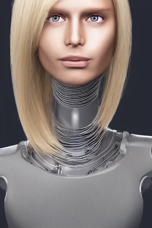 Image similar to robot with human face, female head, full body angle, woman human face, human face realistic, beautiful blonde hair, human head, human head with blonde hair, blonde hair human head, blonde hair, human realistic face, human head skin, cyborg frame concept, cyborg by ales-kotnik, sci-fi android female, the body is made of wires, robotic body, cyborg body, cyborg bust body, robot body cyborg, full body