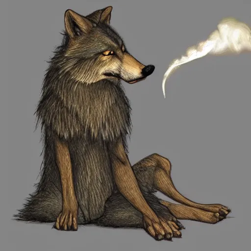 Image similar to A Detailed Award Winning Masterpiece trending on artstation of an Anthropomorphic Wolf smoking a joint,