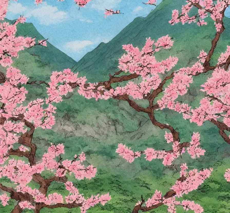 Image similar to a peach blossom in the mountains, studio ghibli style