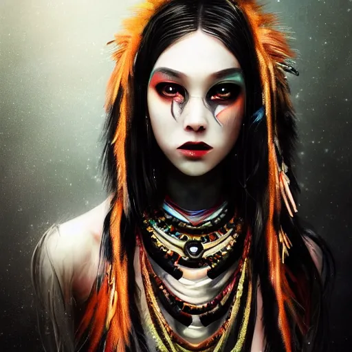 Image similar to A masterpiece portrait of a Incredibly beautiful half slightly damaged crying black swan makeup girl . tribal fashion. 2077 fashion. Cyberpunk. First sparkles. Vogue. trending on artstation, digital art, by Stanley Artgerm Lau, WLOP, Rossdraws, James Jean, Andrei Riabovitchev, Marc Simonetti, Yoshitaka Amano