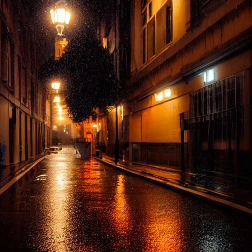 Prompt: a rainy urban street at night, lit by moody orange streetlights