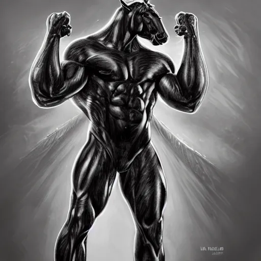 Image similar to an exaggeratedly muscular anthropomorphized black - coated horse with a magnificently muscular physique wearing tight kevlar outfit standing in a facility, long white mane, proportionally enormous arms, equine, anthro art, furaffinity, highly detailed, digital painting, artstation, concept art, illustration, art by artgerm, greg rutkowski, ruan jia