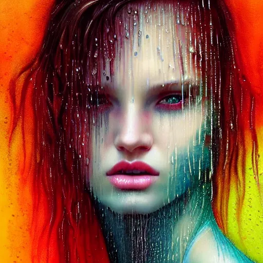 Image similar to dramatic asthetic portrait of revelation in uniquely colored rain with wet hair and face, liquid, joy, bliss, ecstasy, fantasy, intricate, elegant, dramatic lighting, highly detailed, lifelike, photorealistic, digital painting, artstation, concept art, smooth, sharp focus, art by John Collier and Albert Aublet and Krenz Cushart and Artem Demura and Alphonse Mucha
