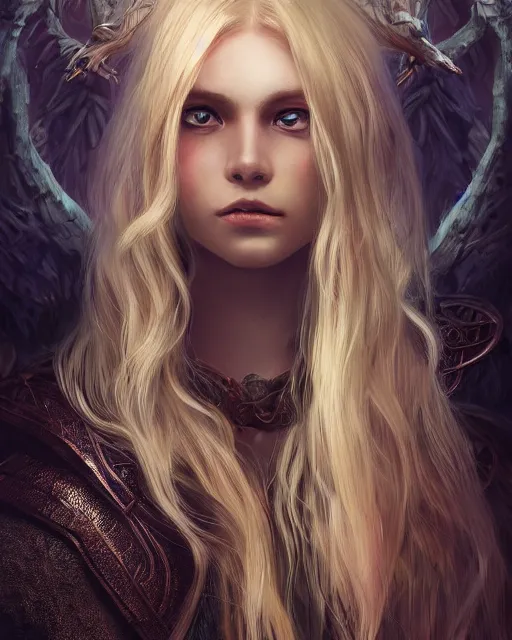 Image similar to cinematic side portrait blonde girl, adventurer outfit large cloak, fantasy forest landscape, dragon scales in hair, fantasy magic, long wavy blonde hair, dark light night, intricate, sharp focus, lens flare, bloom, rim light, illustration, highly detailed, digital painting, concept art, matte, art by ruan jia