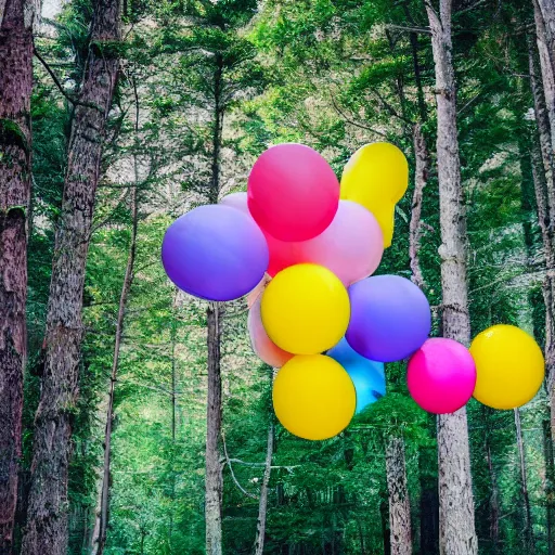 Image similar to An abandoned forest with colorful balloons, (Sony a7R IV, symmetric balance, polarizing filter, Photolab, Lightroom, 4K, Dolby Vision, Photography Award)