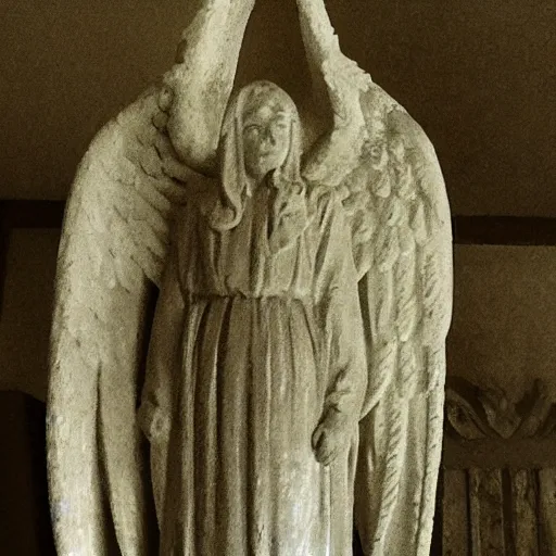 Prompt: several statues of archangel gabriel, strewn about in a dark claustrophobic old room, sinister, grainy photo