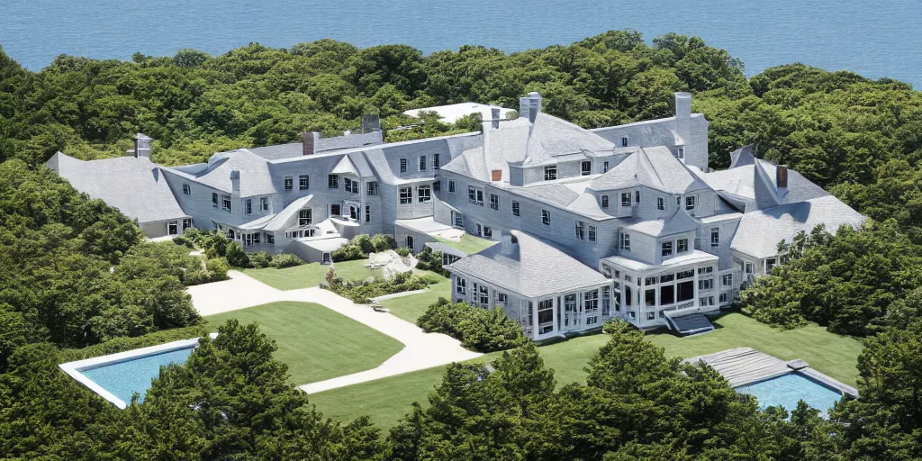 grey wooden cape cod hamptons mansion next to body of | Stable Diffusion