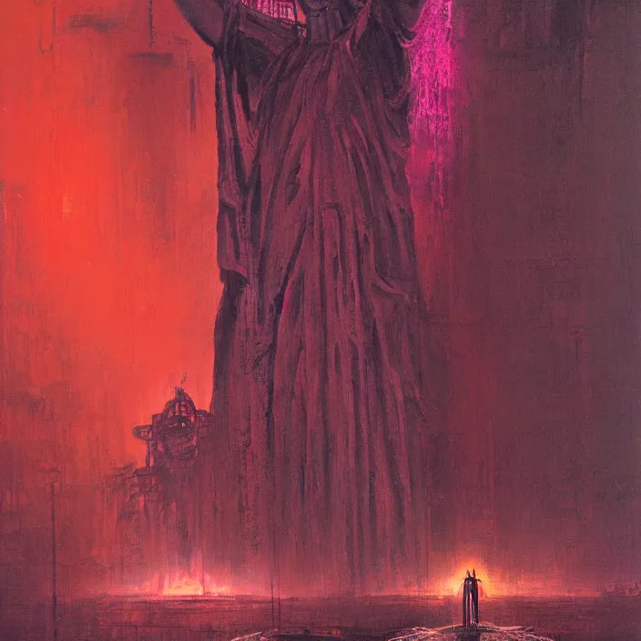 Image similar to statue of liberty in long large chains in underground city, red and purple palette, volume light, fog, by ( h. r. giger ) and paul lehr