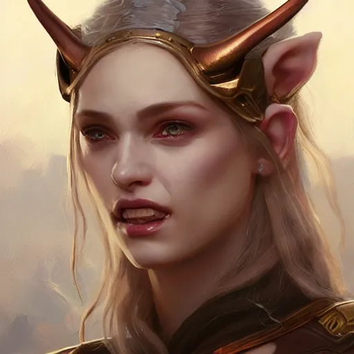 Image similar to A head-on detailed oil fantasy portrait of a pretty elf woman with small horns on her forehead, long blonde hair and bright copper irises, by greg rutkowski, trending on artstation, dungeon and dragons art