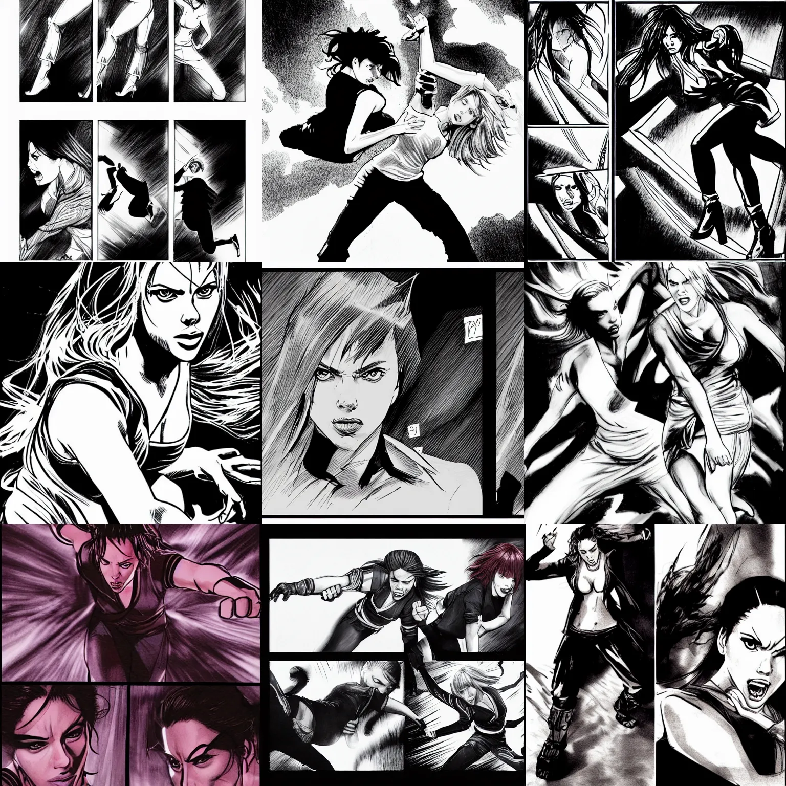 Prompt: scarlett johansson with angry expression fights halle berry, 2 comic panel flying kick battle poses. dramatic lighting, ninja scroll anime style, pencil and ink manga drawing