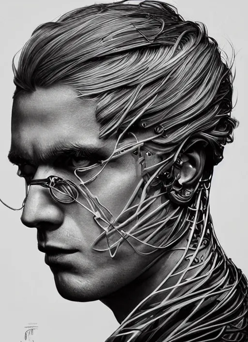 Image similar to a highly detailed long shot photo of intricate masculin male face portrait, futurism, rococo cyber neon lighting, detailed futuristic fibonacci jewelry, profile posing, hyper photorealistic, crispy quality, digital photography, trending in pinterest, cinematic, 4 k ultra hd, art by pascal blanche, art by greg rutkowski, art by artgerm,