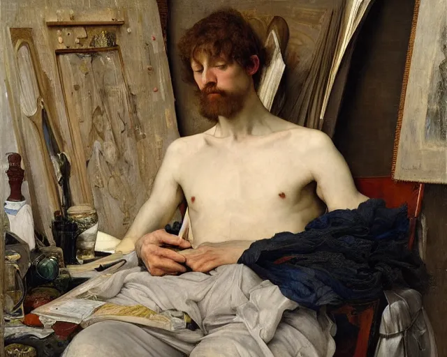 Image similar to an exhausted painter in his studio by edgar maxence and caravaggio and michael whelan, intricate painting, hyper realistic, extremely detailed and beautiful aesthetic face, 8 k resolution