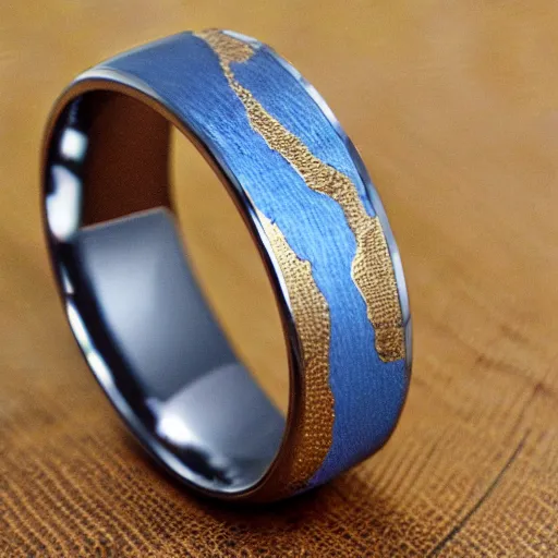 Prompt: gold very thin wedding ring with ripple texture blue prints, black and white