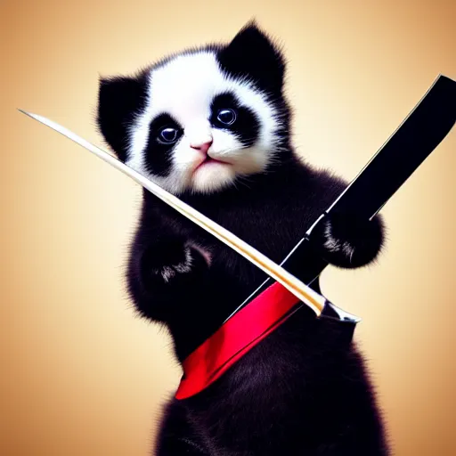 Image similar to cute kitten with panda body and cat face, in a kimono, holds a sword, highly detailed, sharp focus, photo taken by nikon, 4 k