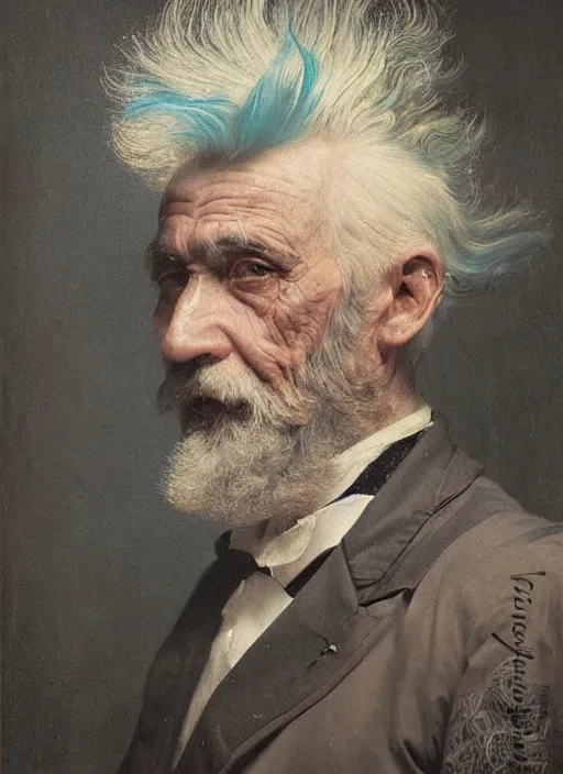 Image similar to a detailed portrait of old man with a extravagant mohawk by edouard bisson, blue hair, punk rock, oil painting, muted colours, soft lighting