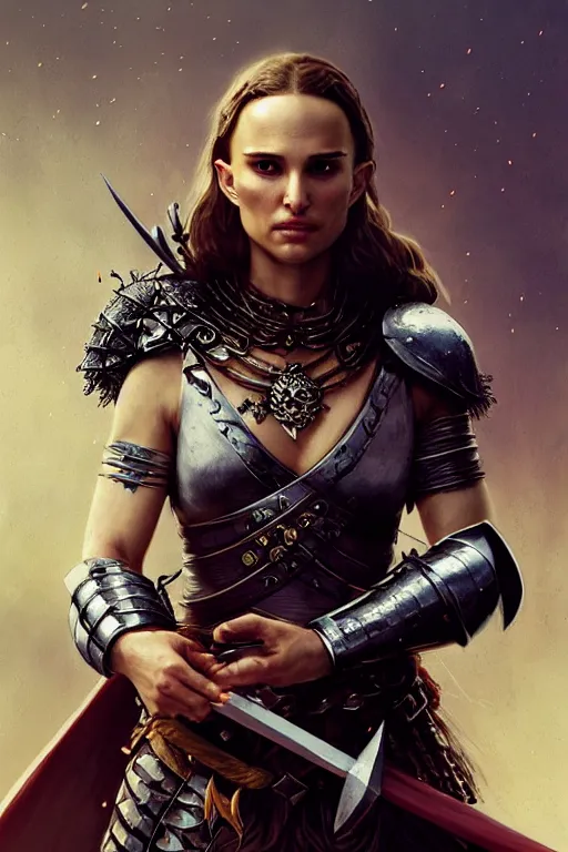 Image similar to natalie portman, legendary warrior, heroic, lord of the rings, tattoos, decorative ornaments, battle armor, by carl spitzweg, ismail inceoglu, vdragan bibin, hans thoma, greg rutkowski, alexandros pyromallis, perfect face, fine details, realistic shading photorealism