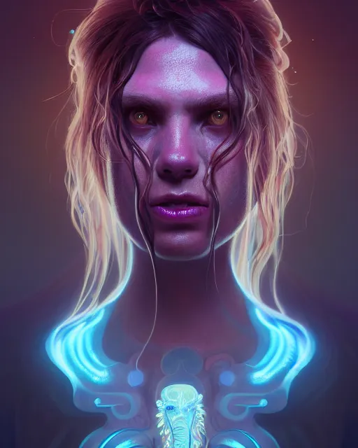 Image similar to portrait of a creepy bioluminescent monster, highly detailed, digital painting, cinematic, hyperrealism, dark retrowave, art by stanley lau and artgerm and magali villeneuve and alphonse mucha, artstation hd, octane render, cgsociety