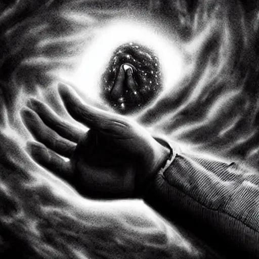 Prompt: a hand comes out from a black hole in the sky, dark, creepy, detailed, digital art