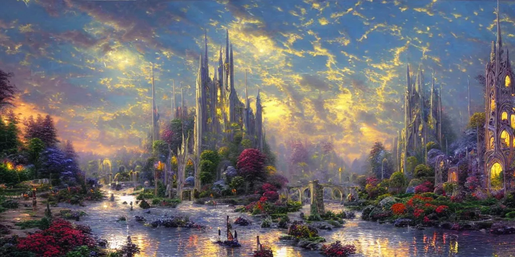 Prompt: beautiful detailed dramatic fantasy painting of an alternate wild world in another reality, tall spires, arches, archways thomas kinkade