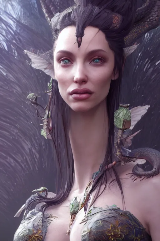 Image similar to highly detailed 8 k render of a beautiful half - dragon, half - anelina jolie creature in style of greg rutkowski and alphonse mucha trending on artstation made in unreal engine 4