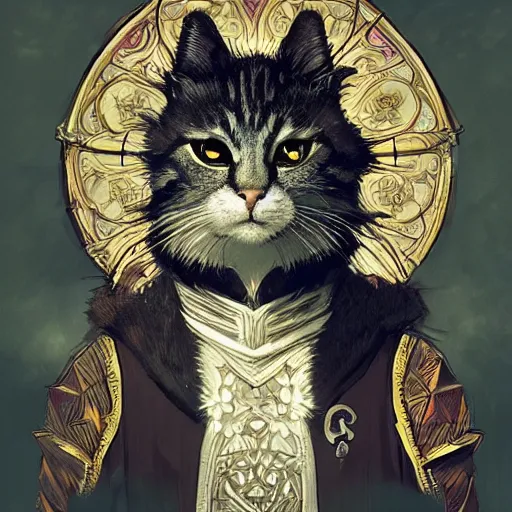 Image similar to A heraldic prince kitty cat with big cute eyes, D&D, fantasy, intricate, cinematic lighting, highly detailed, digital painting, artstation, concept art, smooth, sharp focus, illustration, art by Akihiko Yoshida, Greg Rutkowski and Alphonse Mucha