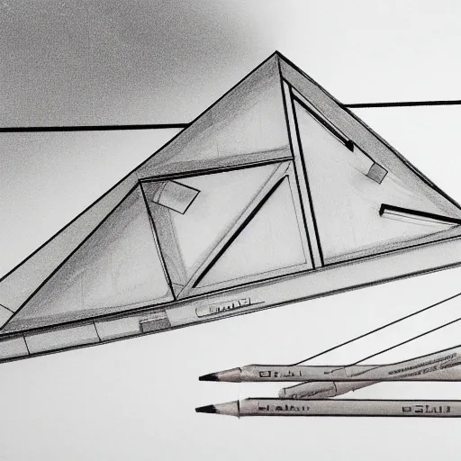 Prompt: schematic drawing of futuristic building with pencils and triangle ruler lying next to the drawing