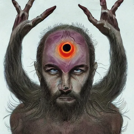 Image similar to !5 three eyed gods, third eyes middle of foreheads, very wide wide shot, very hairy bodies, beautiful colors, eyes in forehead, beautiful lighting, detailed photographs, very detailed