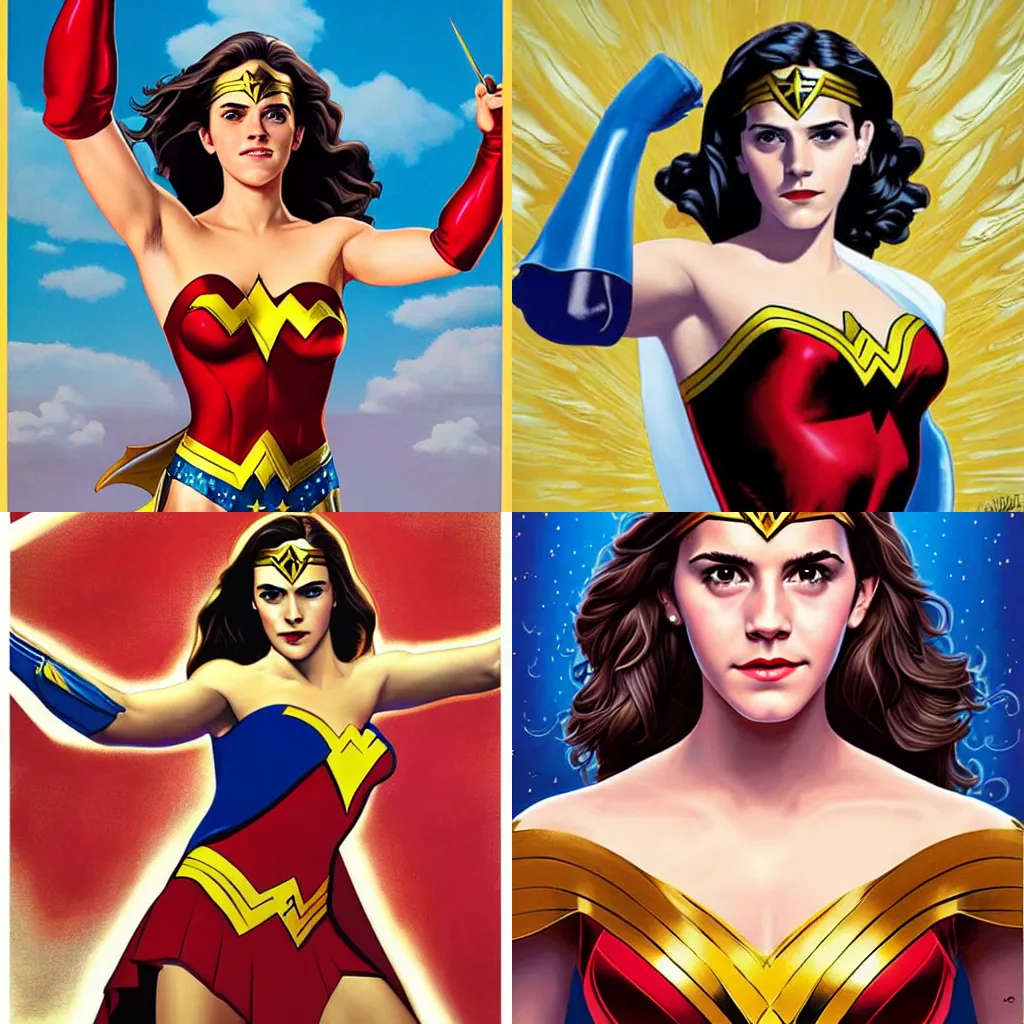 Prompt: emma watson as wonder woman wearing royal mantle illustration by alex gross by alex ross by Greg Land digital painting comic book superheroes